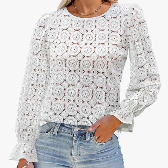 LUXVEER Tops - LUXVEER Long Sleeve Eyelet Shirts Lace Embroidered Blouses Dressy Casual